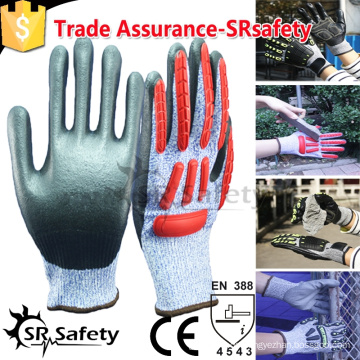 SRSAFETY 13 Gauge Nylon und Glasfaser und HPPE Liner beschichtetes schwarzes Nitril auf Palme, TPR Chips auf der Rückseite, beste Anti-Schlag-Handschuhe